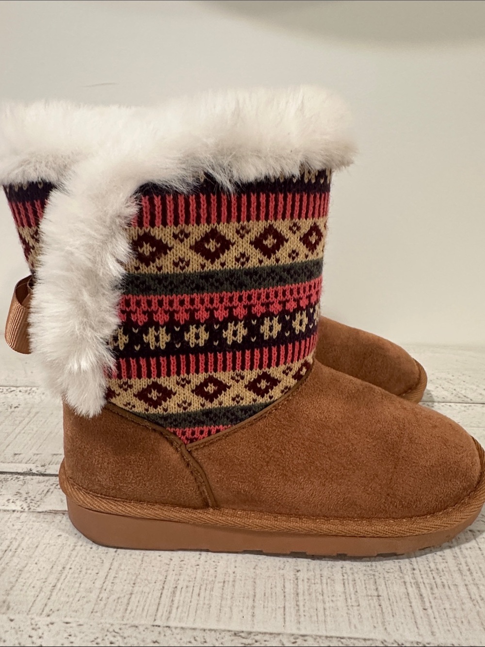Girl’s Sugar brand Brown Faux-Suede Winter Ankle Boots w/Patterned Knit Cuff-13